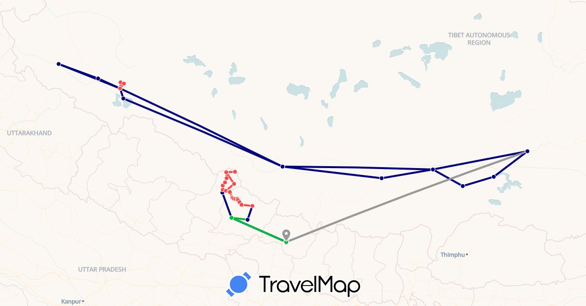 TravelMap itinerary: driving, bus, plane, hiking in China, Nepal (Asia)